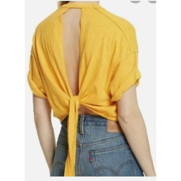 WE THE FREE Womens Size m Top Yellow Tie back Cropped T-shirt with Embroidery - Picture 8 of 8